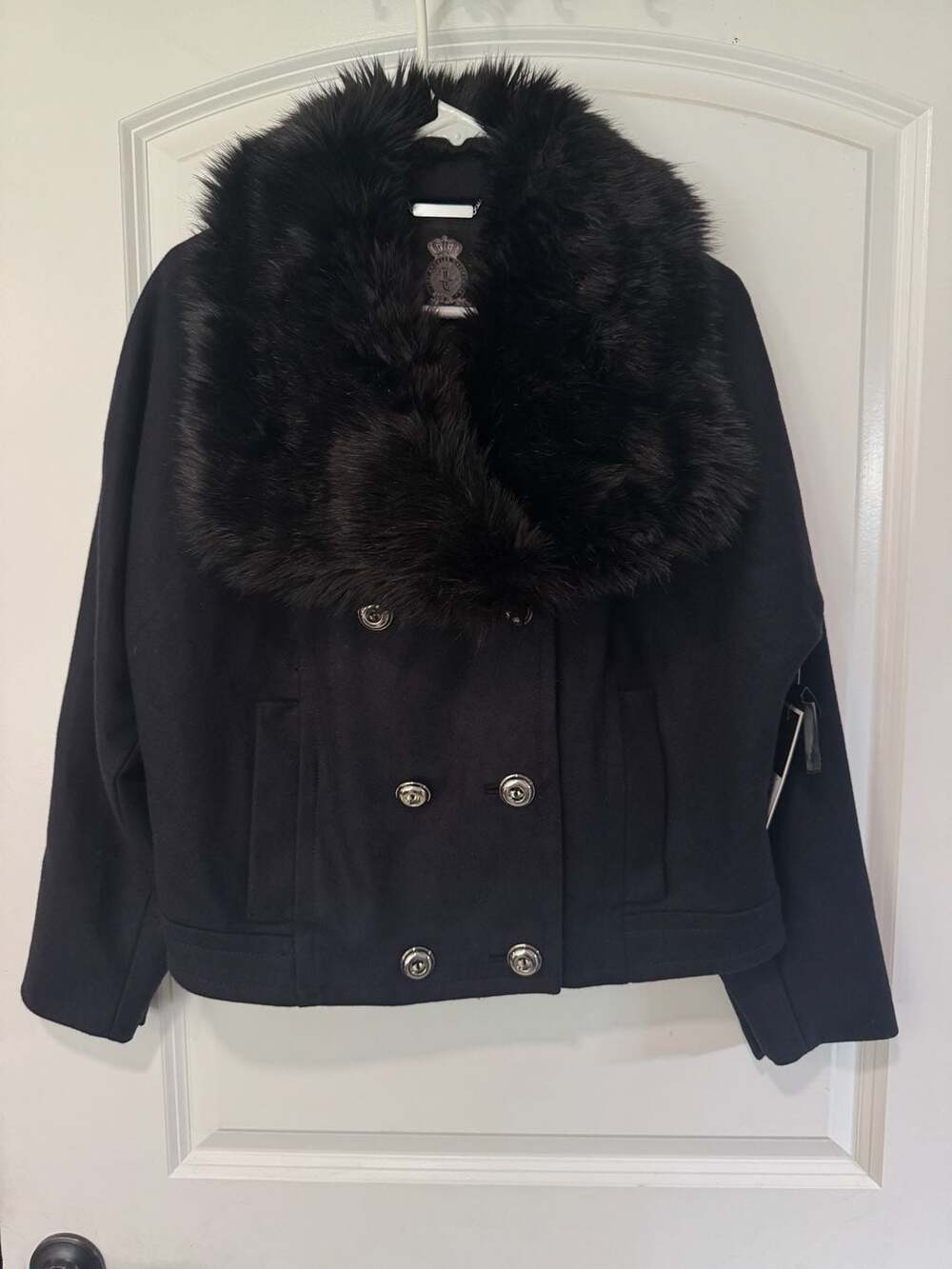 Juicy Couture Y2K Mod Flight Jacket Navy Wool Faux Fur NWT Size XL